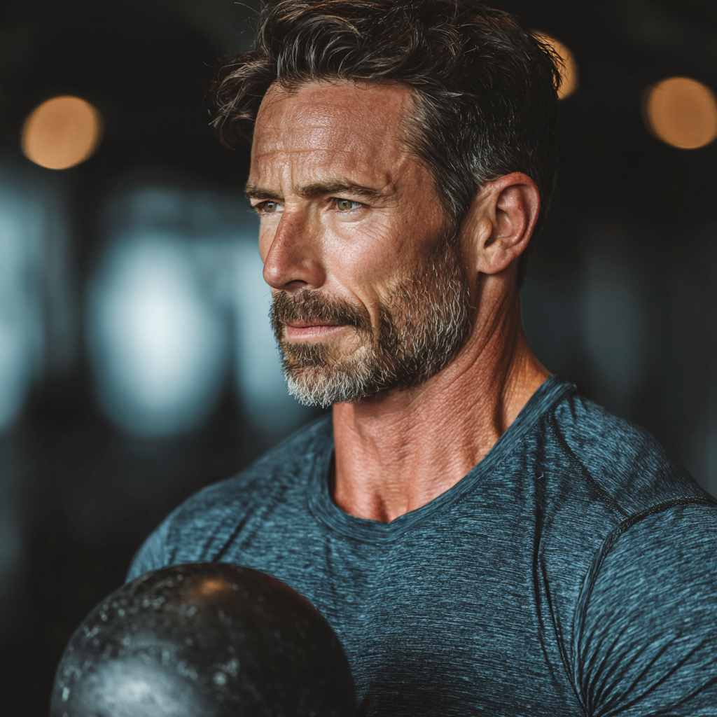 Middle-aged man in his forties performing kettlebell exercises in a bright fitness studio, showing proper form and concentration